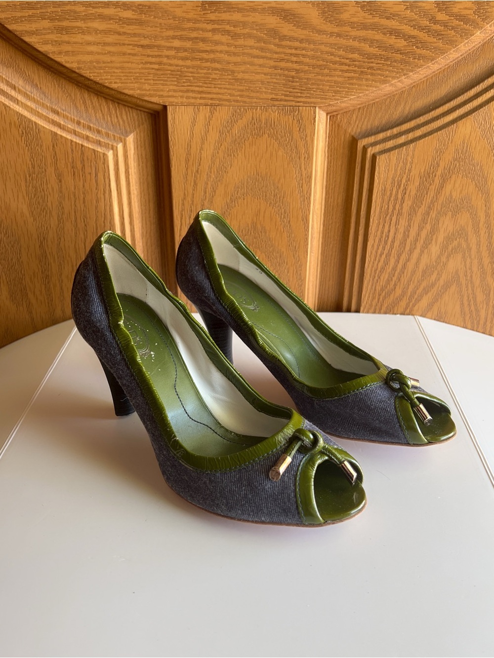 Vintage Tod's Denim Peep Toe Tie Front Heels Silver Hardware  EU 38